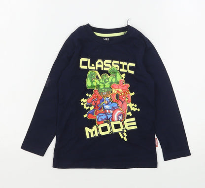 Marks and Spencer Boys Blue Geometric Cotton Basic T-Shirt Size 2-3 Years Round Neck  - Avengers