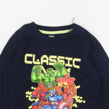 Marks and Spencer Boys Blue Geometric Cotton Basic T-Shirt Size 2-3 Years Round Neck  - Avengers