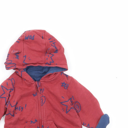Marks and Spencer` Boys Red Geometric Cotton Full Zip Jumper Size 3-6 Months  Zip