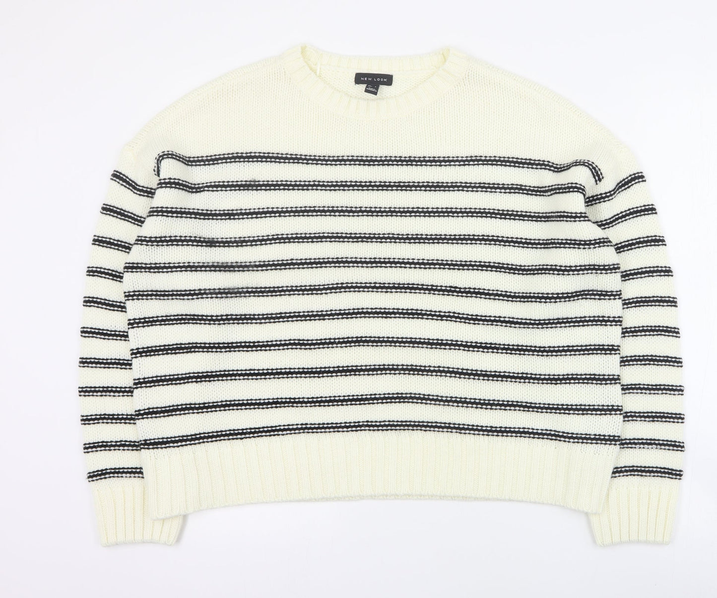 New Look Womens Ivory Round Neck Striped Acrylic Pullover Jumper Size L   - Cropped