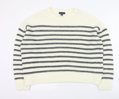 New Look Womens Ivory Round Neck Striped Acrylic Pullover Jumper Size L   - Cropped