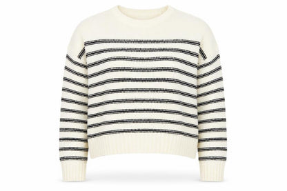 New Look Womens Ivory Round Neck Striped Acrylic Pullover Jumper Size L   - Cropped