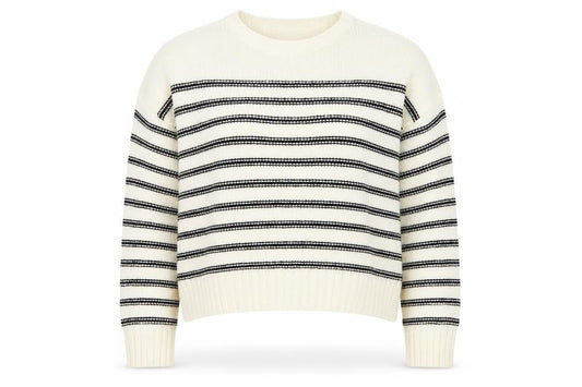 New Look Womens Ivory Round Neck Striped Acrylic Pullover Jumper Size L   - Cropped