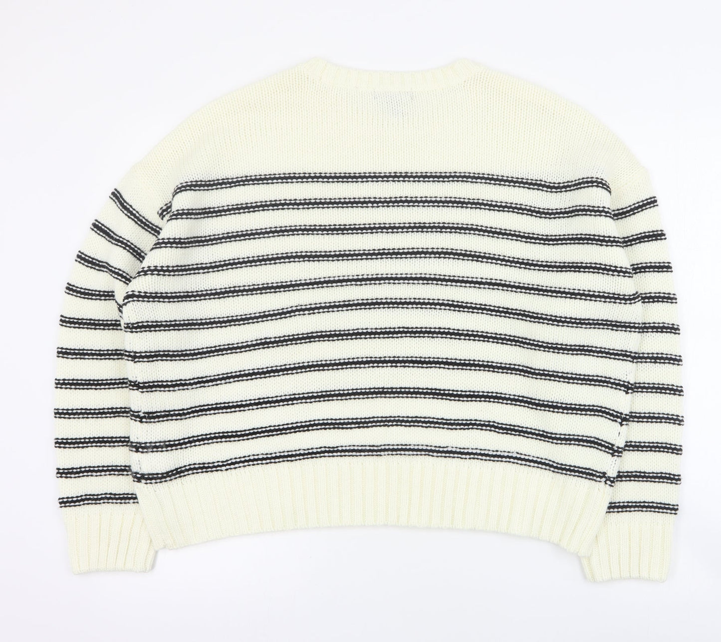 New Look Womens Ivory Round Neck Striped Acrylic Pullover Jumper Size L   - Cropped