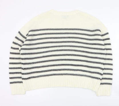 New Look Womens Ivory Round Neck Striped Acrylic Pullover Jumper Size L   - Cropped