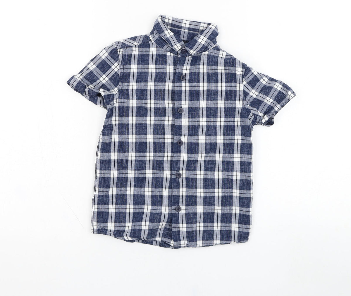 Front view of TU boys’ blue check cotton basic button-up, size 5, years collared button