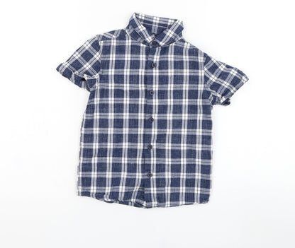 Front view of TU boys’ blue check cotton basic button-up, size 5, years collared button