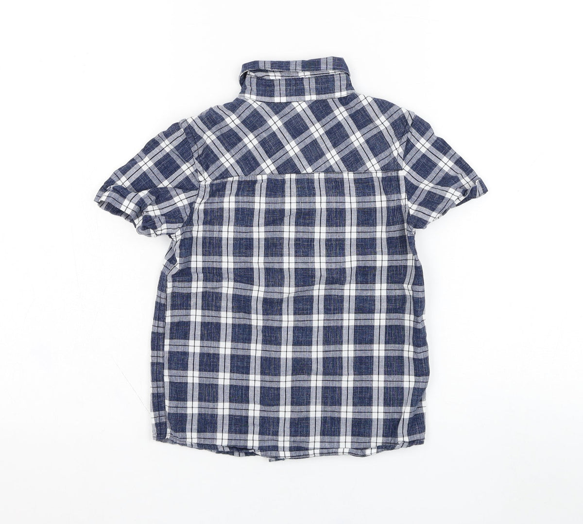 Back view of TU boys’ blue check cotton basic button-up, size 5, years collared button