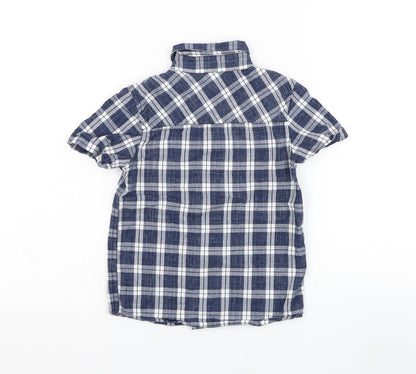 Back view of TU boys’ blue check cotton basic button-up, size 5, years collared button