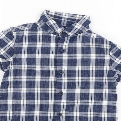 Close-up detail of TU boys’ blue check cotton basic button-up, size 5, years collared button