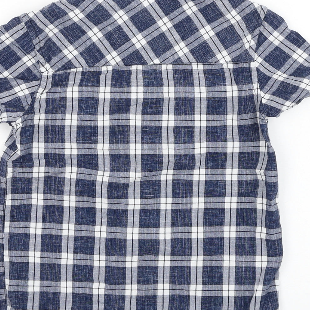 Brand and care label for TU boys’ blue check cotton basic button-up, size 5, years collared button