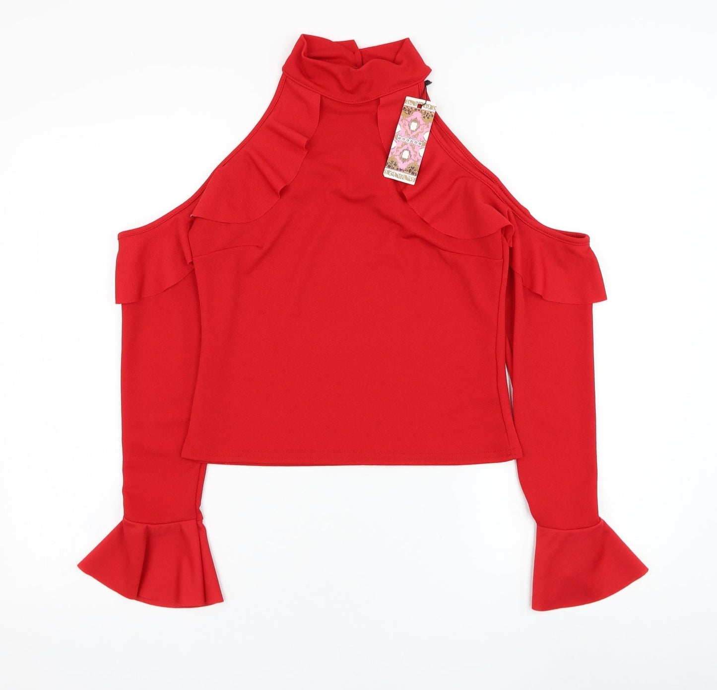 Boohoo Womens Red  Polyester Basic Blouse Size 12 Mock Neck