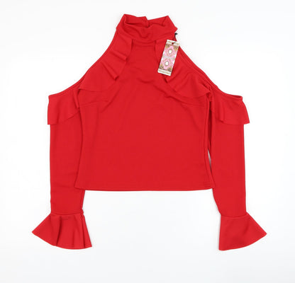 Boohoo Womens Red  Polyester Basic Blouse Size 12 Mock Neck