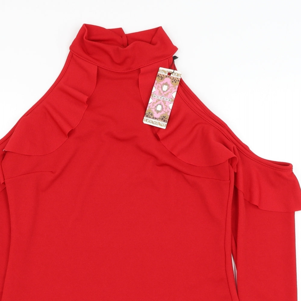 Boohoo Womens Red  Polyester Basic Blouse Size 12 Mock Neck