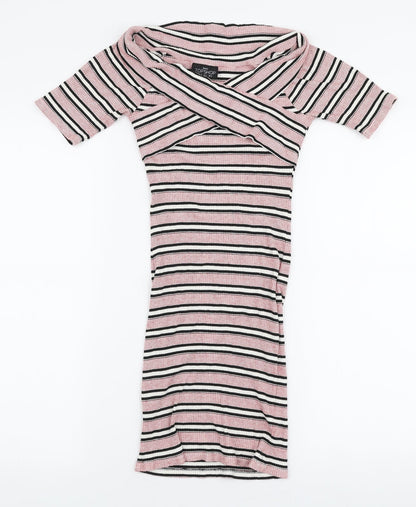Topshop Womens Multicoloured Striped Viscose Bodycon  Size 8  Off the Shoulder Pullover