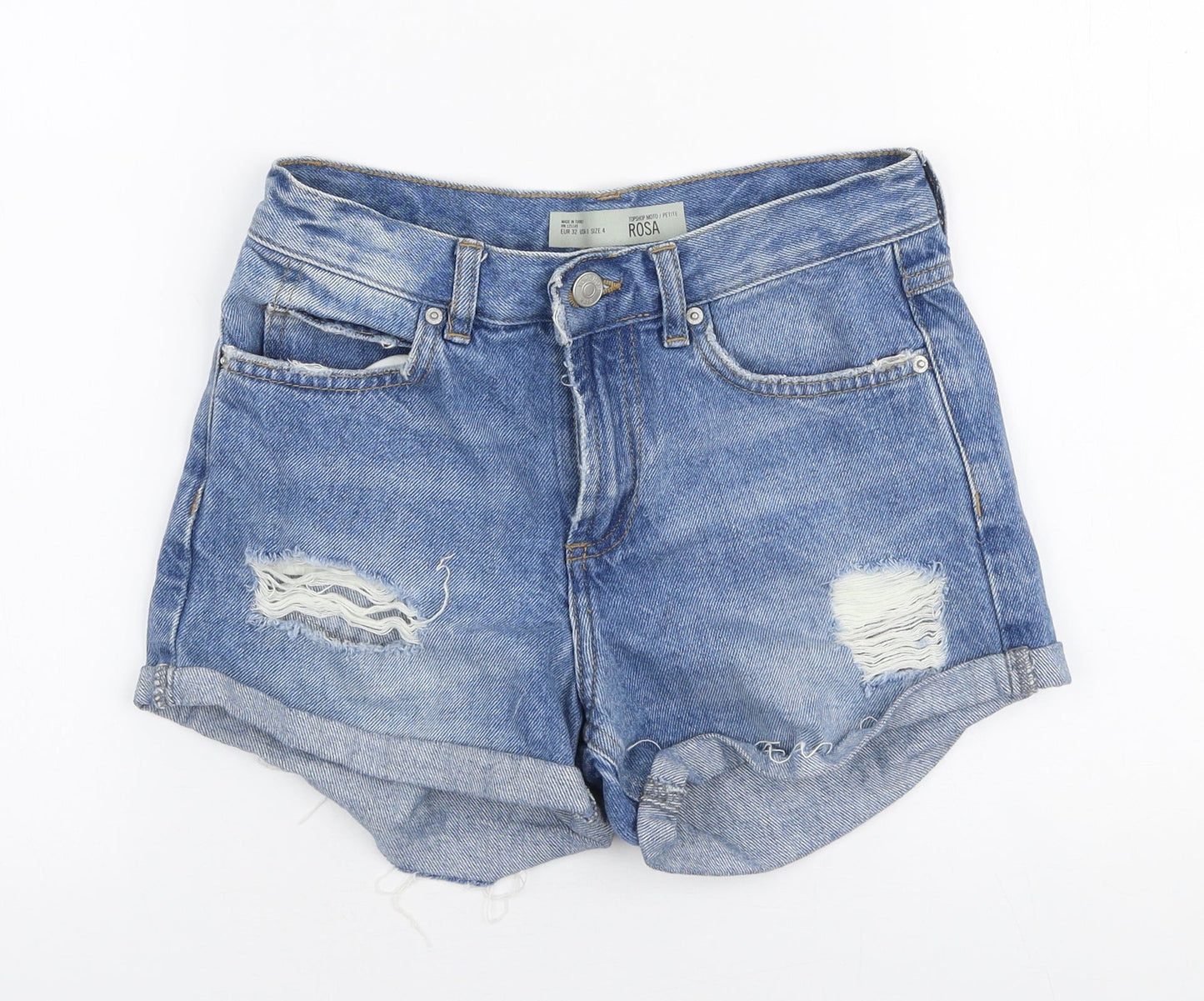 Topshop Womens Blue  100% Cotton Mom Shorts Size 4 L3 in Regular Zip - Distressed