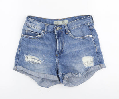Topshop Womens Blue  100% Cotton Mom Shorts Size 4 L3 in Regular Zip - Distressed