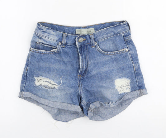 Topshop Womens Blue  100% Cotton Mom Shorts Size 4 L3 in Regular Zip - Distressed