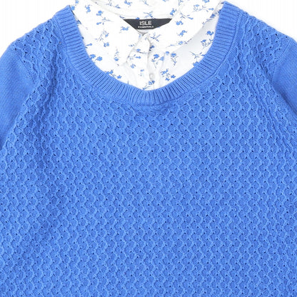 Isle Essentials Womens Blue Collared  Acrylic Pullover Jumper Size 10   - Built in shirt