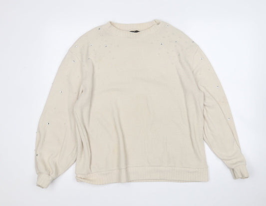 F&F Womens Beige Round Neck  Polyester Pullover Jumper Size 14