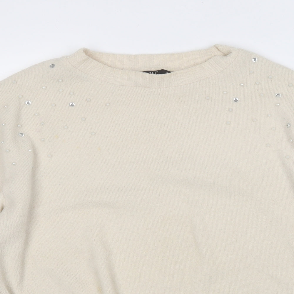 F&F Womens Beige Round Neck  Polyester Pullover Jumper Size 14