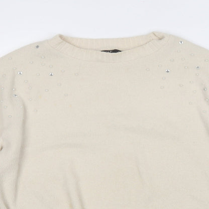 F&F Womens Beige Round Neck  Polyester Pullover Jumper Size 14