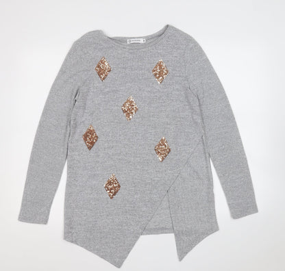 pink diamond  Womens Grey Round Neck Geometric Rayon Pullover Jumper Size M