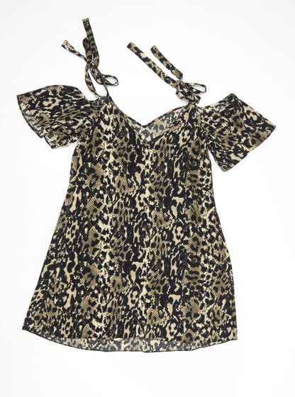 George Womens Brown Animal Print Polyester Fit & Flare  Size 10  V-Neck Tie