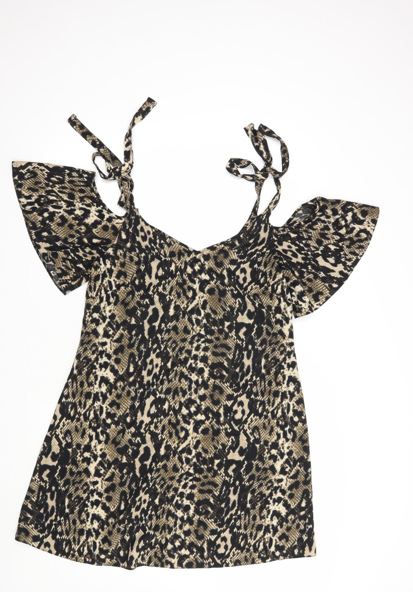 George Womens Brown Animal Print Polyester Fit & Flare  Size 10  V-Neck Tie