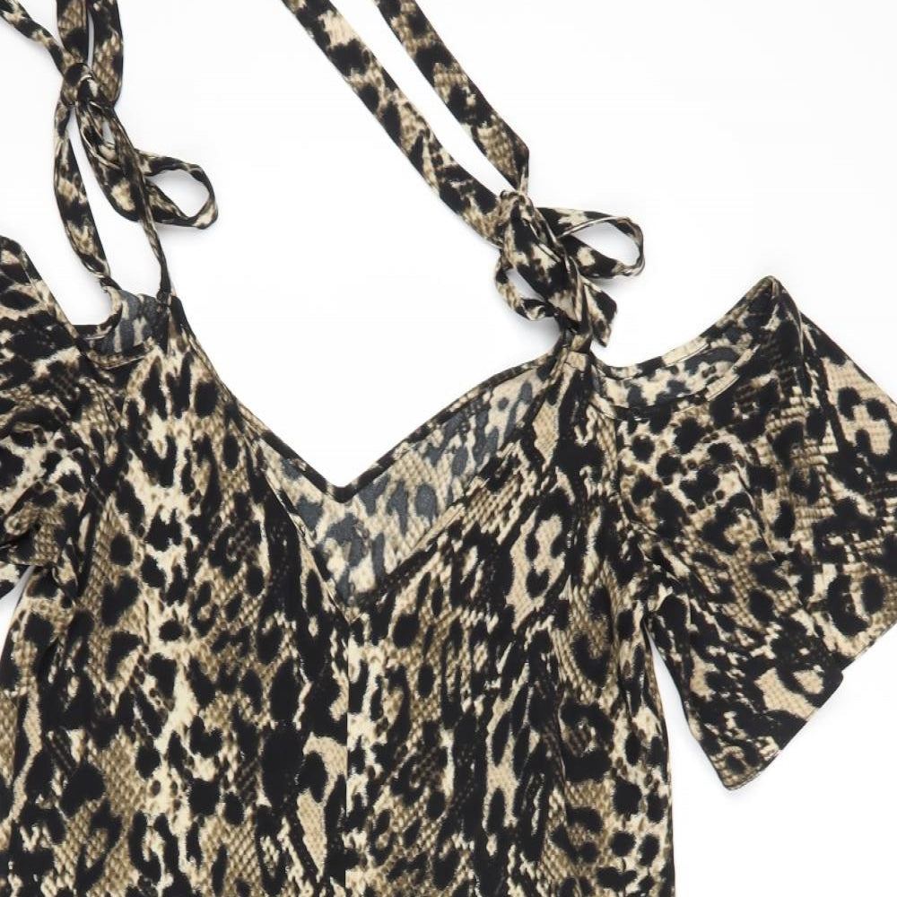 George Womens Brown Animal Print Polyester Fit & Flare  Size 10  V-Neck Tie