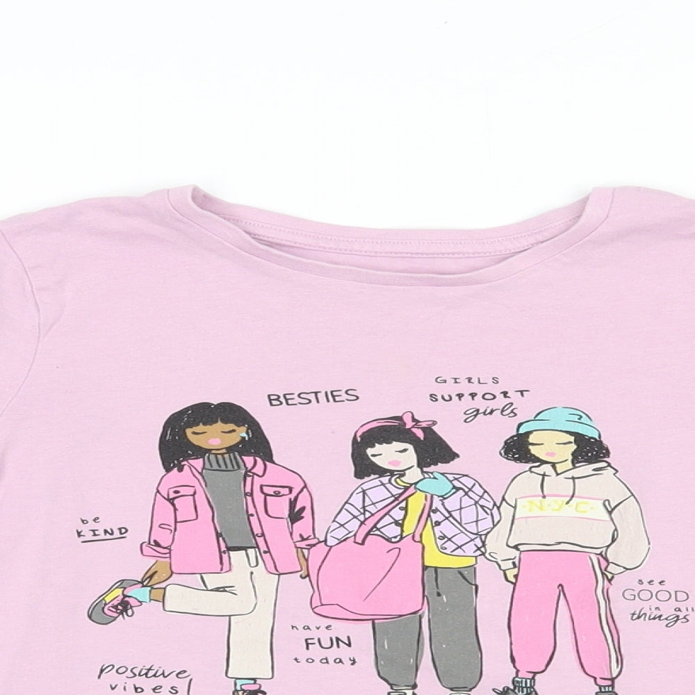 Dunnes Stores Girls Pink  Cotton Pullover T-Shirt Size 6-7 Years Crew Neck Pullover - Girl Squad
