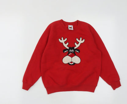 Fruit of the Loom Girls Red  Cotton Pullover Sweatshirt Size 5-6 Years   - Christmas Rudolph