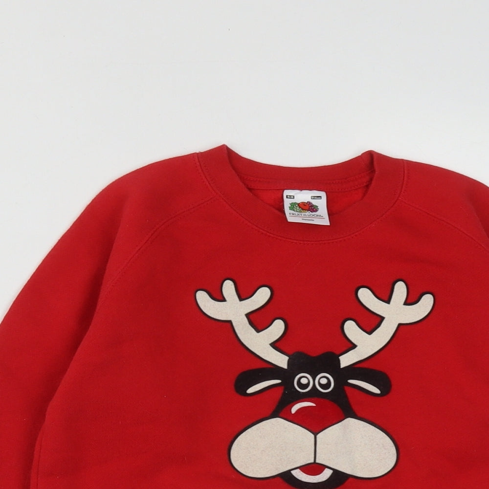 Fruit of the Loom Girls Red  Cotton Pullover Sweatshirt Size 5-6 Years   - Christmas Rudolph