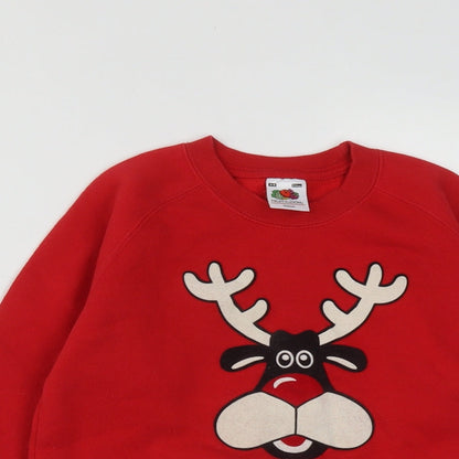 Fruit of the Loom Girls Red  Cotton Pullover Sweatshirt Size 5-6 Years   - Christmas Rudolph