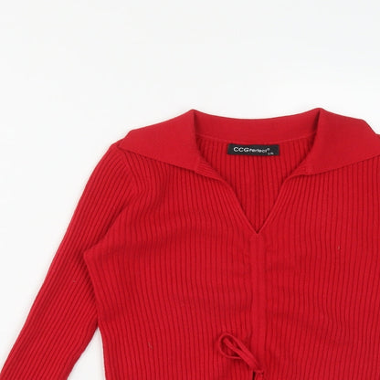 CCG Perfect Womens Red Collared  Viscose Pullover Jumper Size L