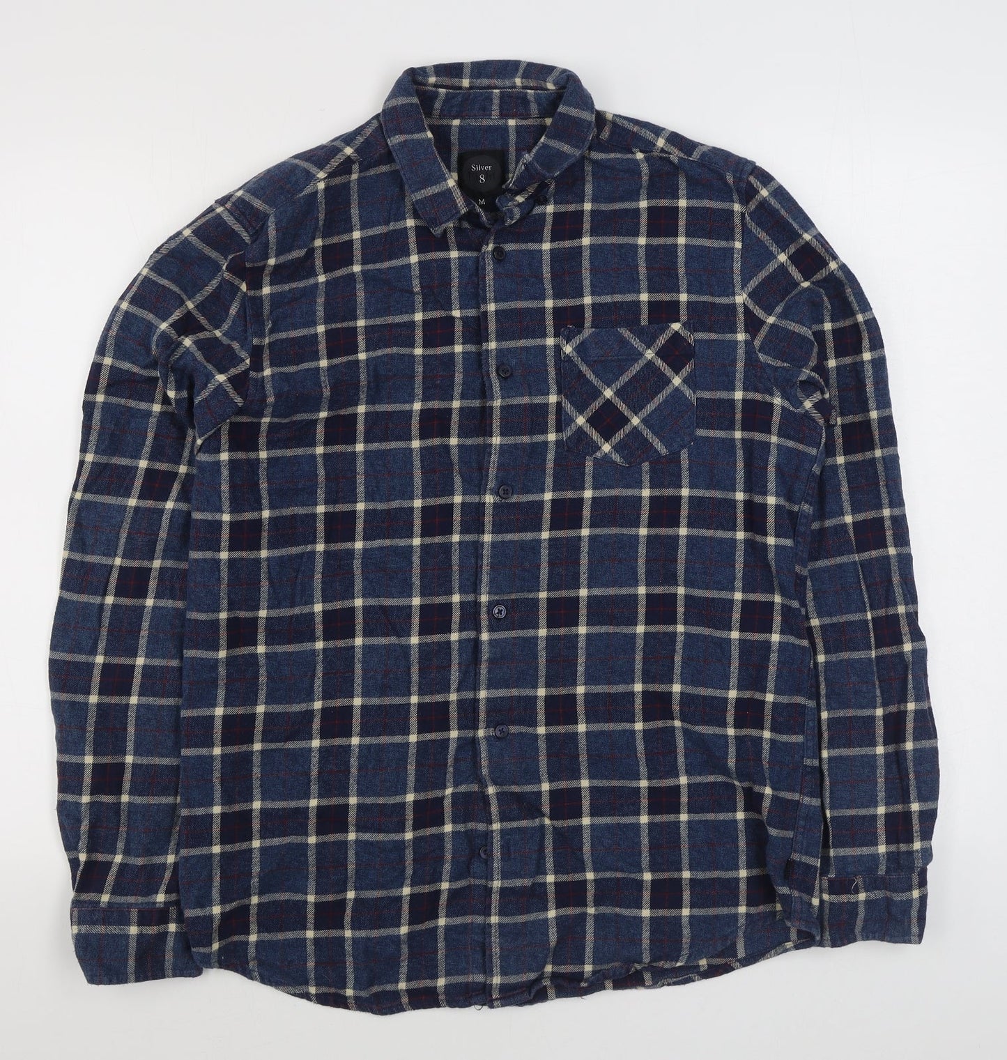 Silver Eight Mens Blue Plaid Cotton  Button-Up Size M Collared Button