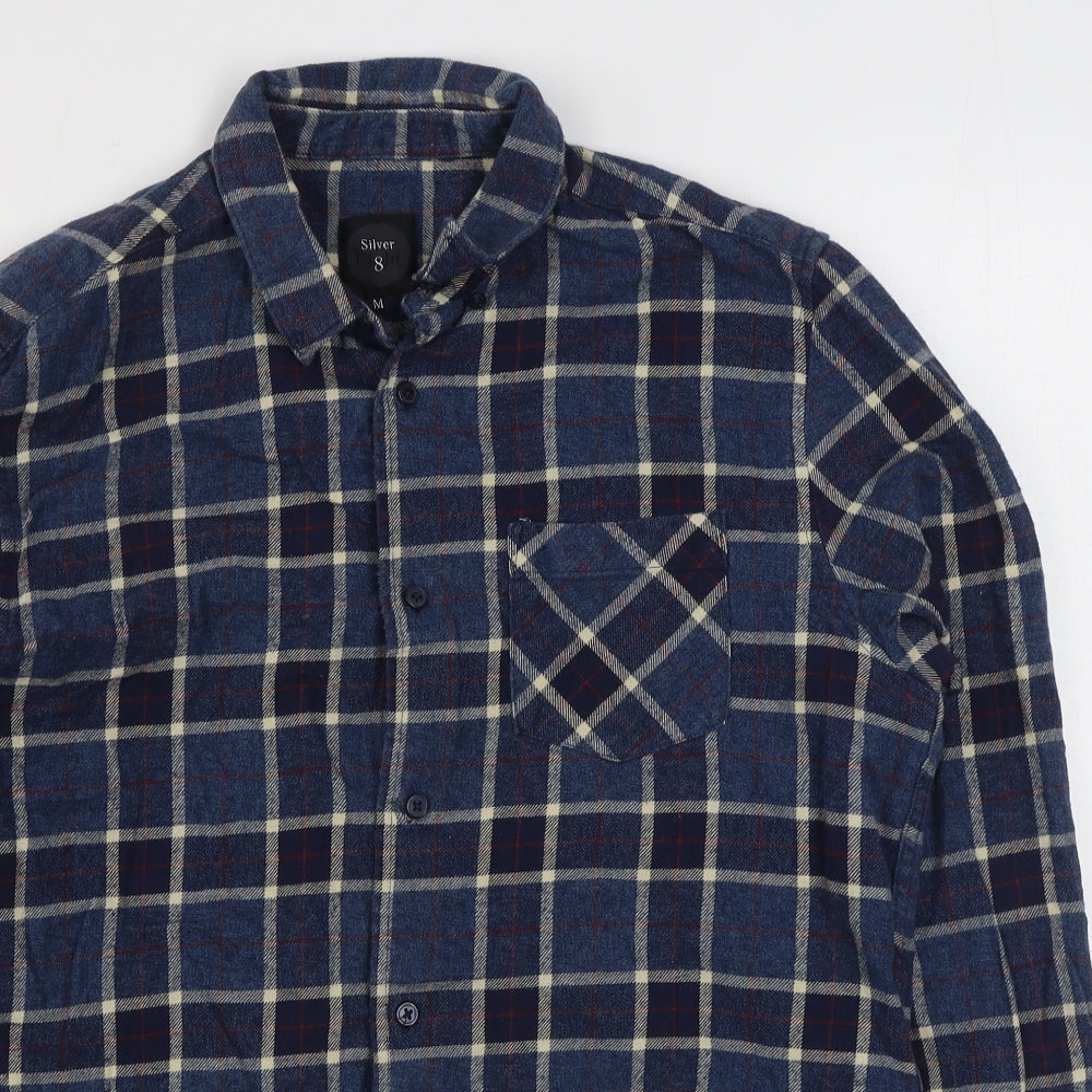 Silver Eight Mens Blue Plaid Cotton  Button-Up Size M Collared Button