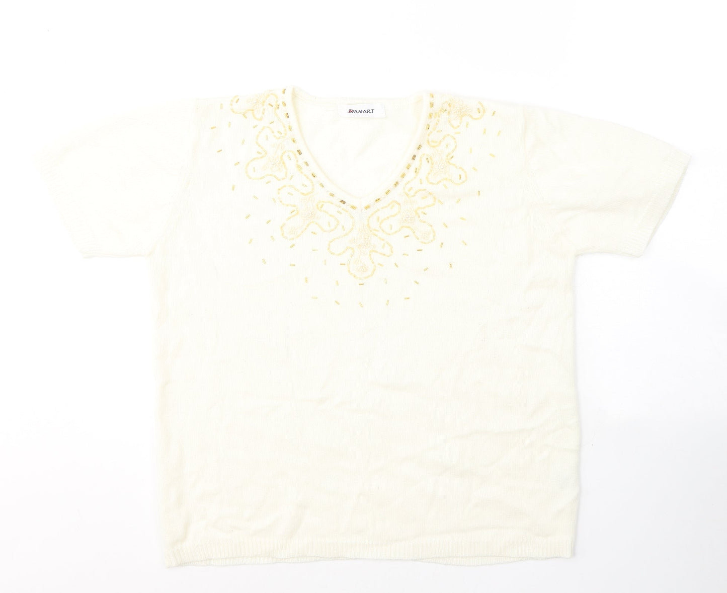 Damart Womens White  Acrylic Jersey T-Shirt Size 12 V-Neck