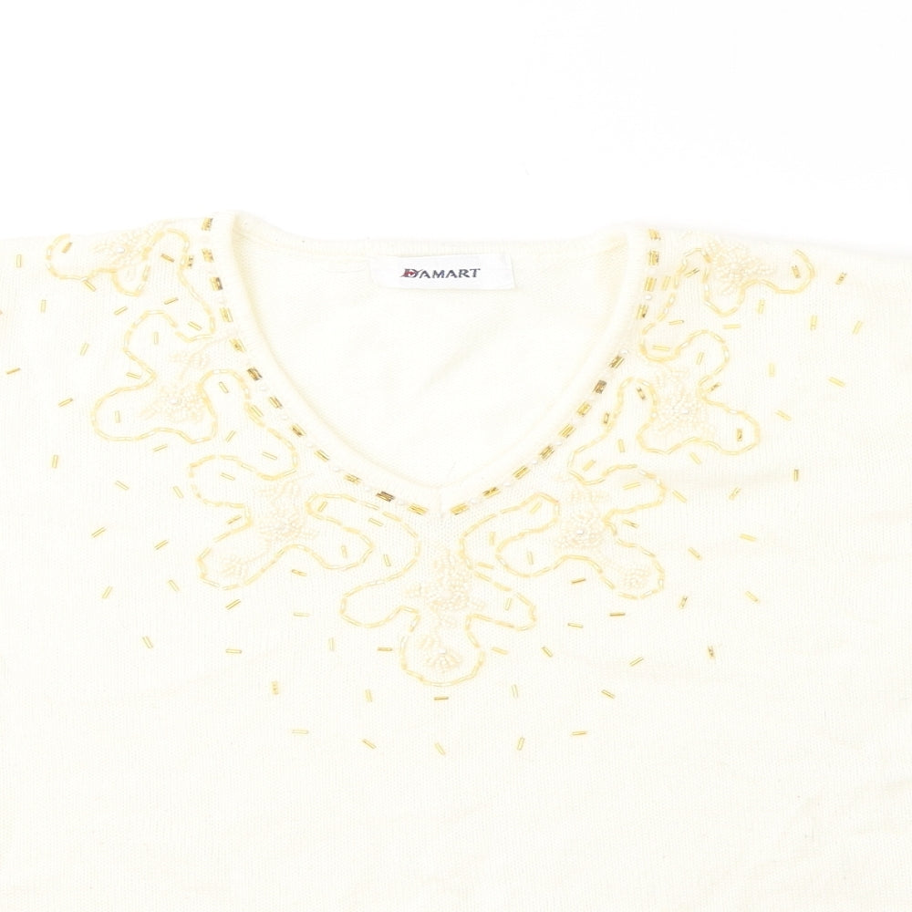 Damart Womens White  Acrylic Jersey T-Shirt Size 12 V-Neck