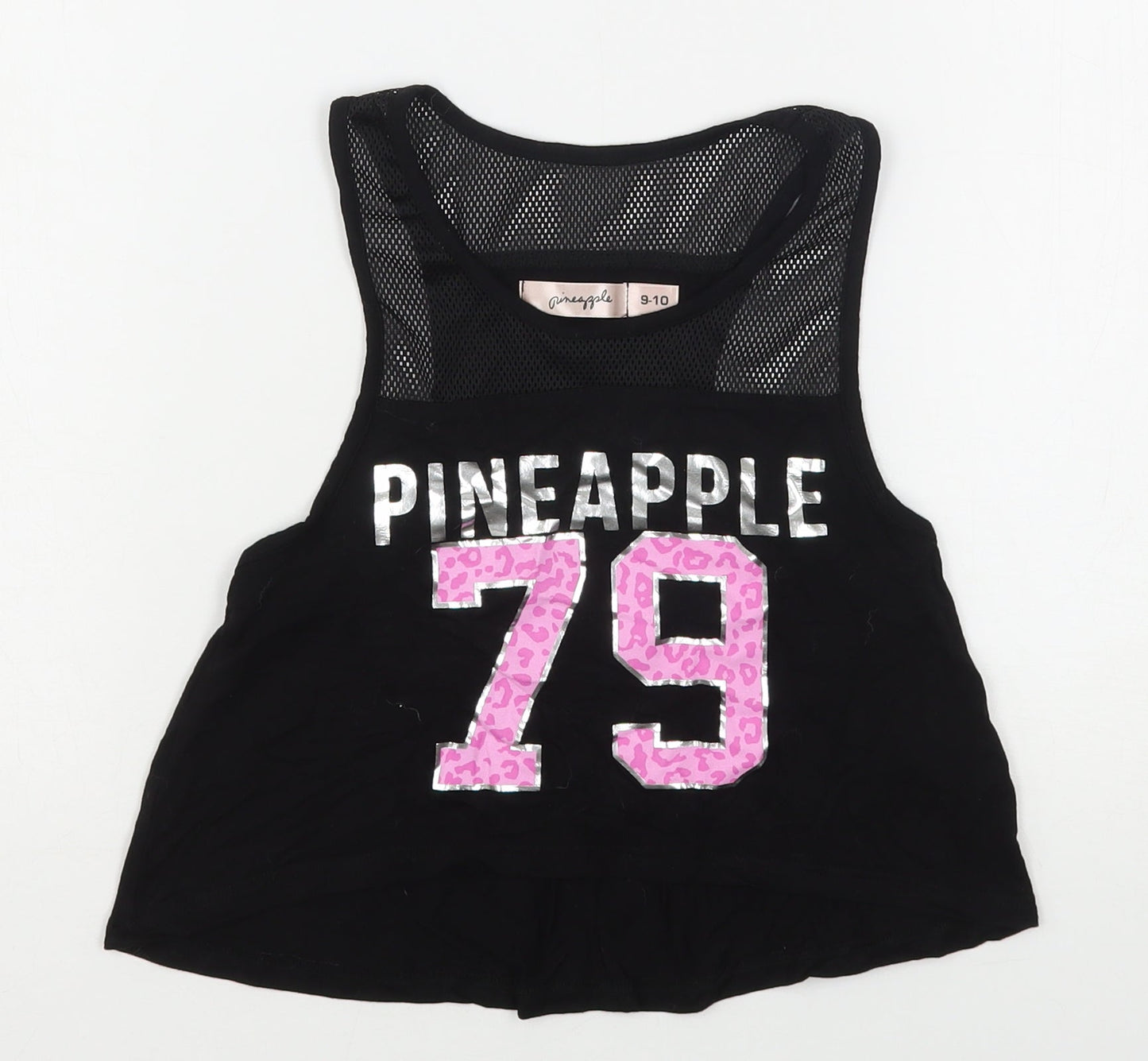 Pineapple  Girls Black Animal Print Viscose Basic Tank Size 9-10 Years Round Neck