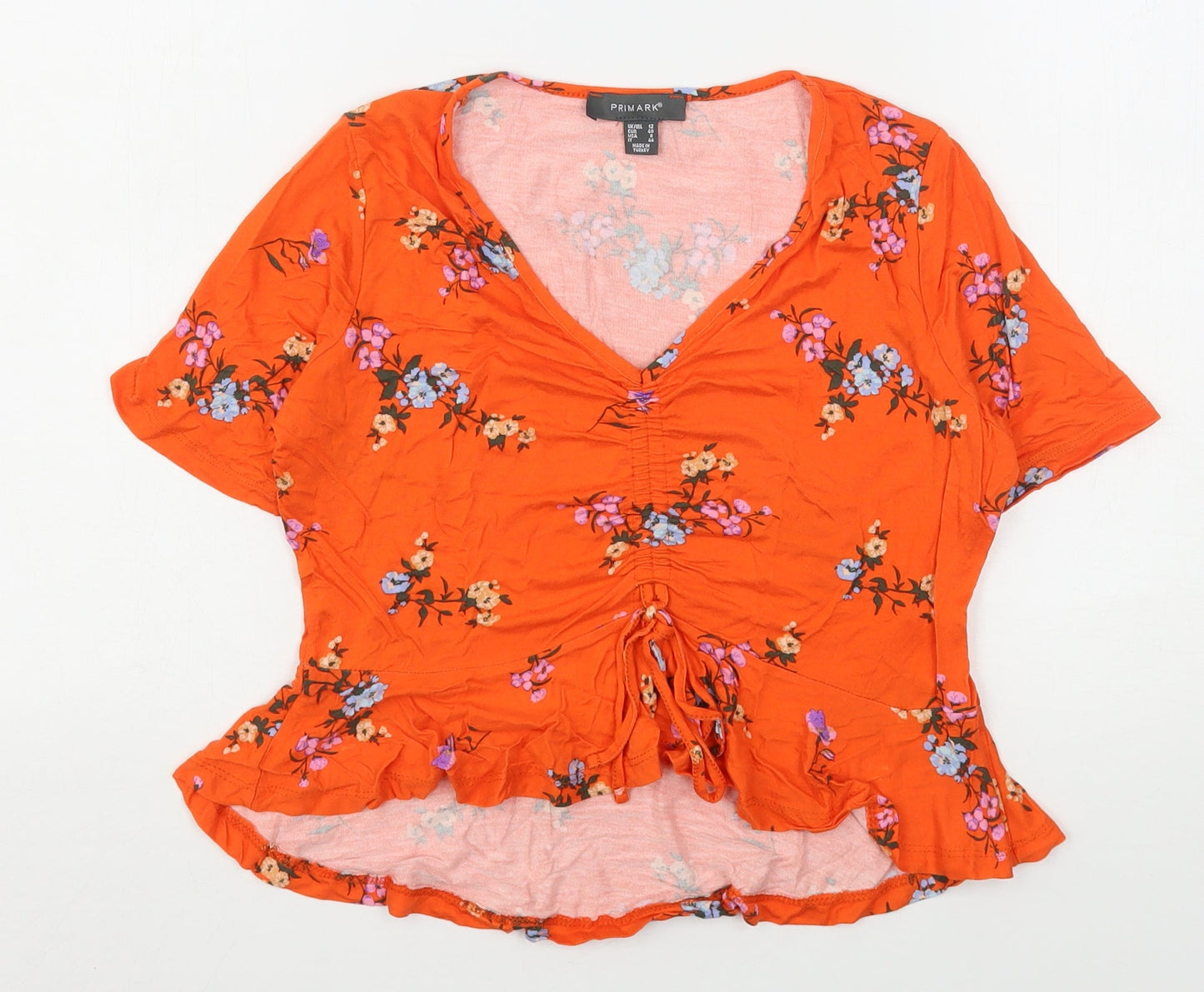 Primark Womens Orange Floral Viscose Basic Blouse Size 12 V-Neck