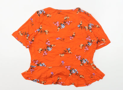 Primark Womens Orange Floral Viscose Basic Blouse Size 12 V-Neck