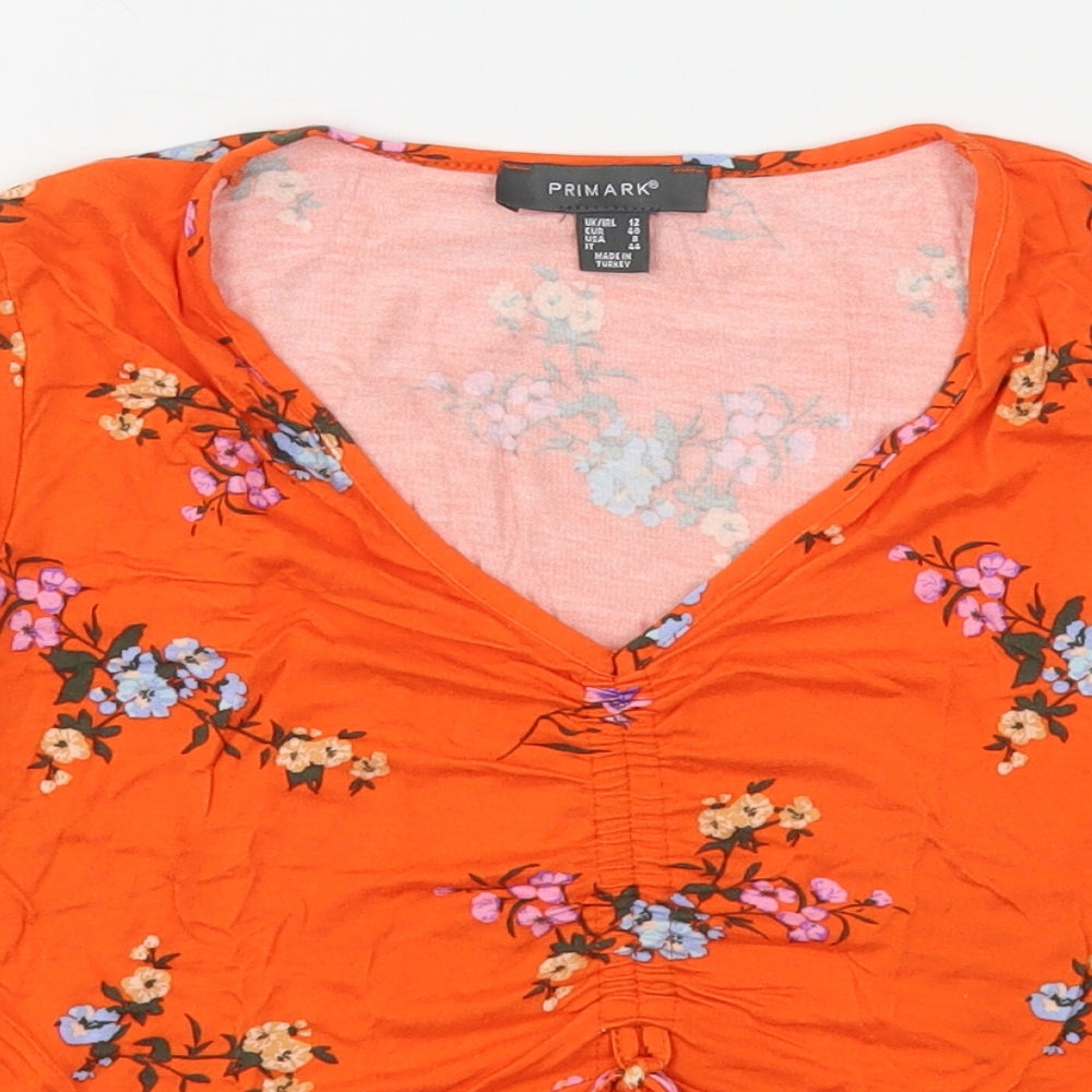 Primark Womens Orange Floral Viscose Basic Blouse Size 12 V-Neck