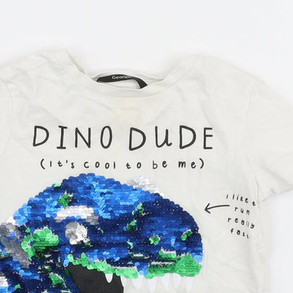 George Boys White  100% Cotton Jersey T-Shirt Size 18-24 Months Round Neck Pullover - Dinosaur