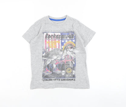 Dunnes Boys Grey  Cotton Basic T-Shirt Size 5 Years Round Neck Pullover - Dinosaur