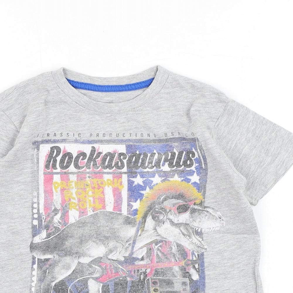 Dunnes Boys Grey  Cotton Basic T-Shirt Size 5 Years Round Neck Pullover - Dinosaur