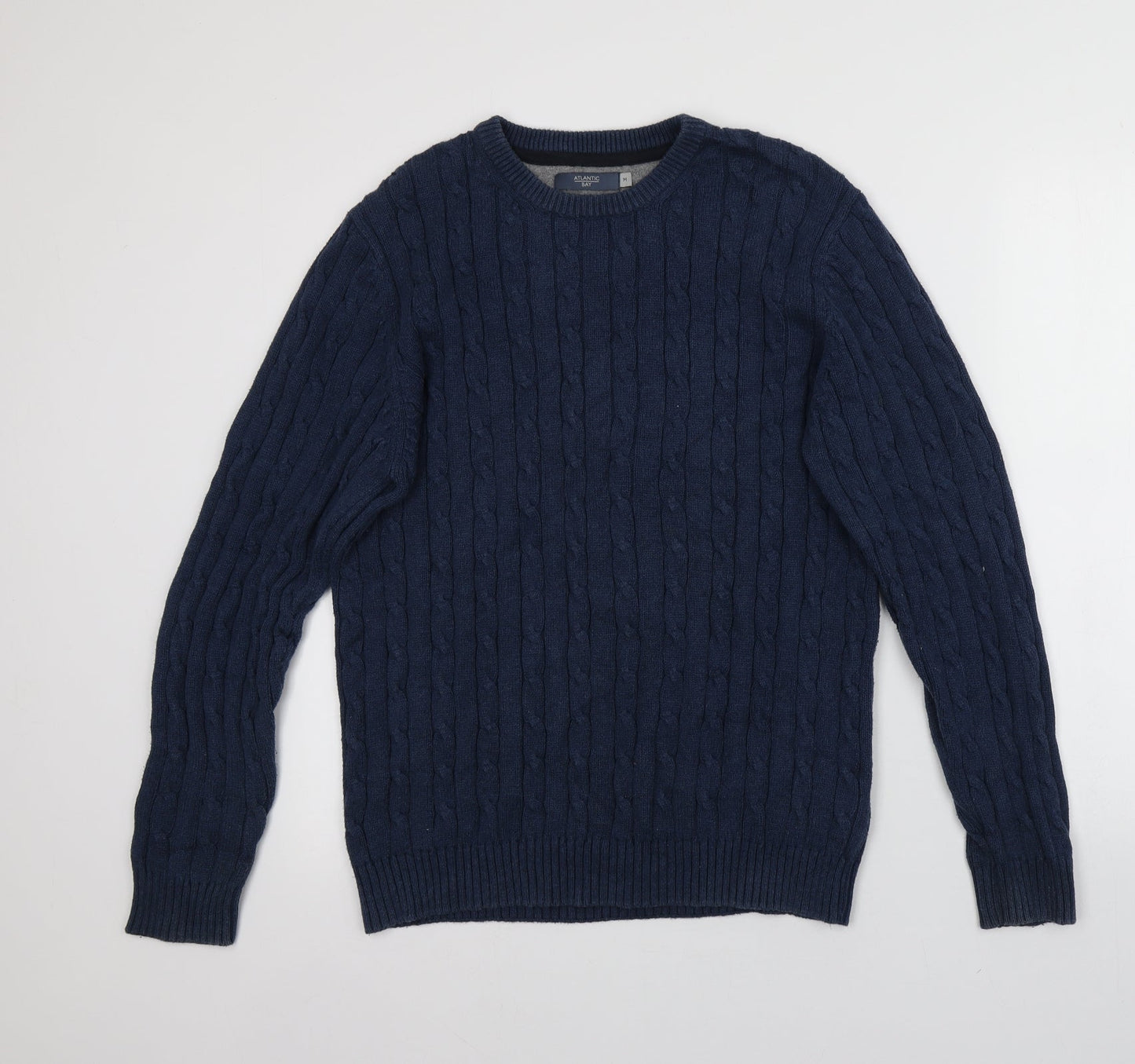 Atlantic Bay Mens Blue Round Neck  Cotton Pullover Jumper Size M