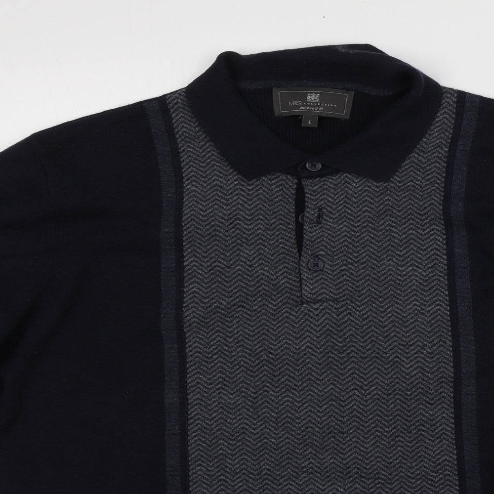 Marks and Spencer Mens Blue Collared  Cotton Pullover Jumper Size L