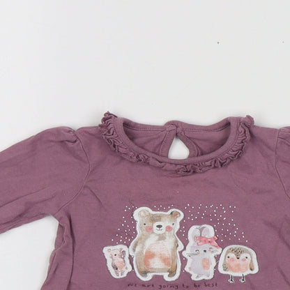 George Girls Purple  Cotton Basic T-Shirt Size 3-6 Months Round Neck  - animal design