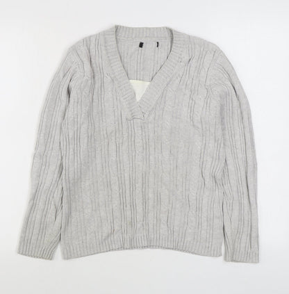 BM Mens Grey V-Neck  Cotton Pullover Jumper Size M